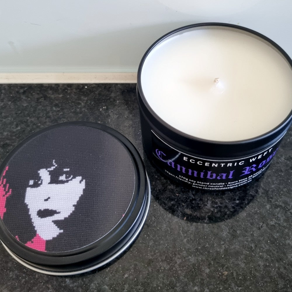 handmade soy candle with artwork on lid of Siouxsie Sioux - black rose and oud fragrance, goth candle