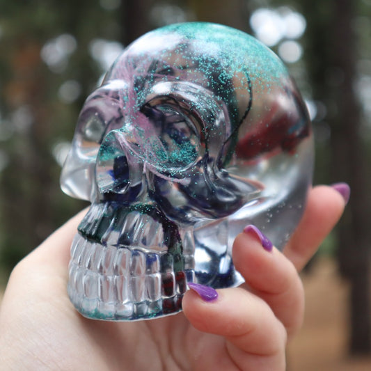 Resin Skull - handmade with cotton + green glitter - Threefold Designs