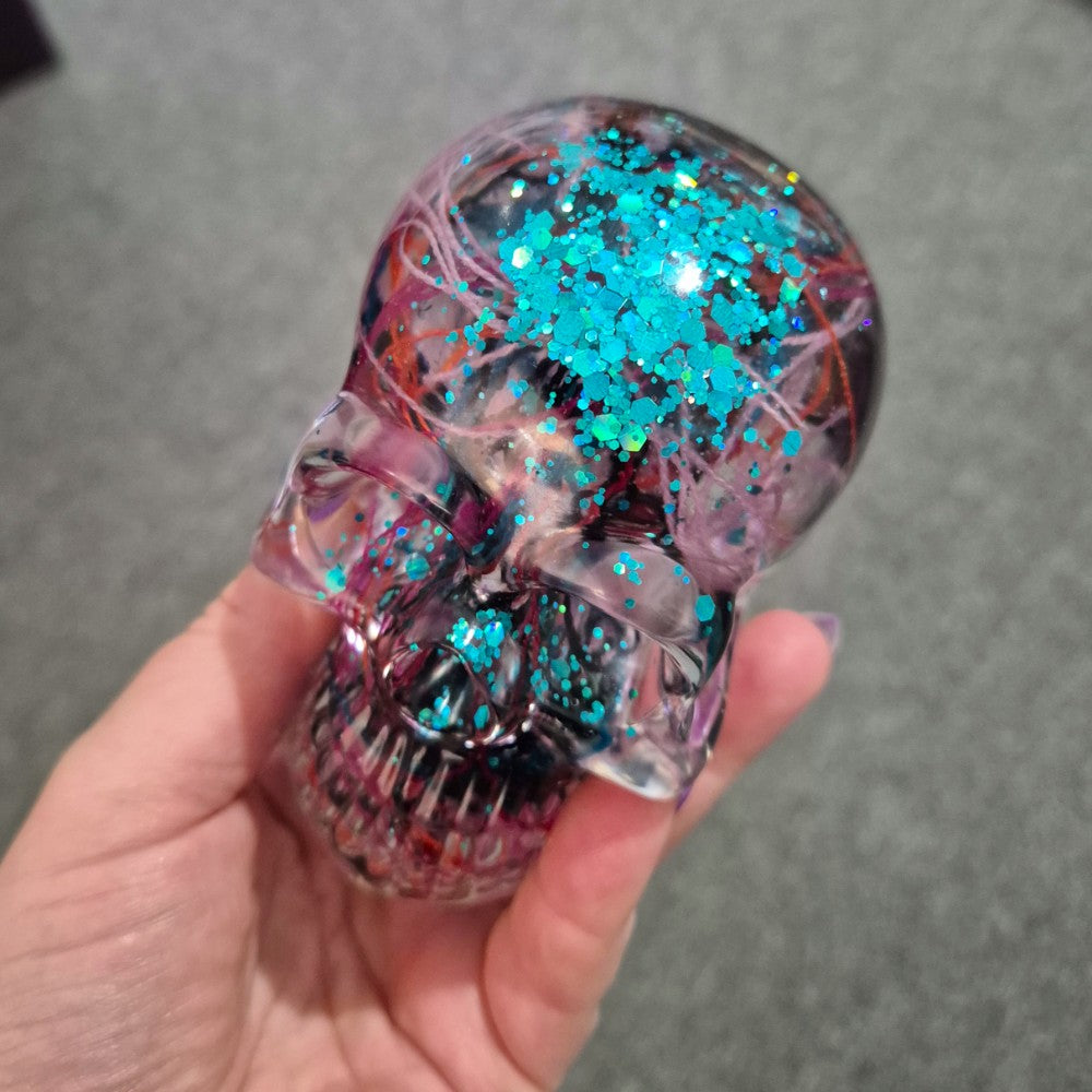Resin Skull - handmade with cotton + turquoise glitter - Threefold Designs