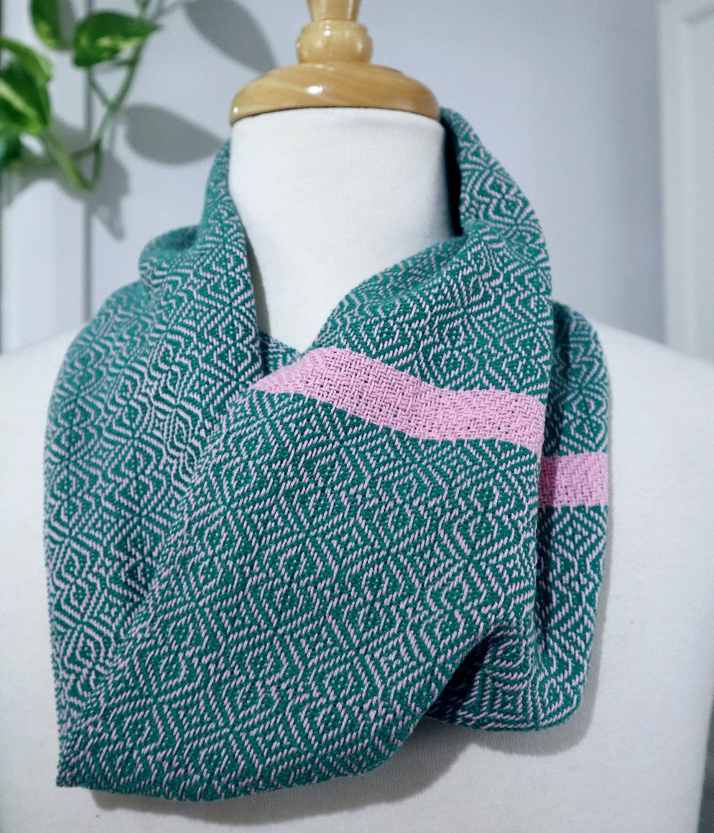 handwoven cotton short infinity scarf in emerald green and dusty pink, handwoven in south australia