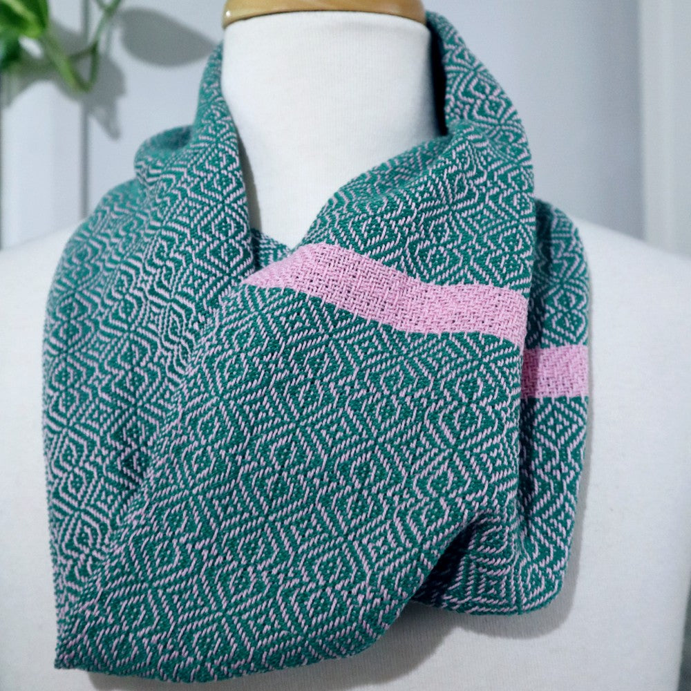 handwoven cotton short infinity scarf in emerald green and dusty pink, handwoven in south australia