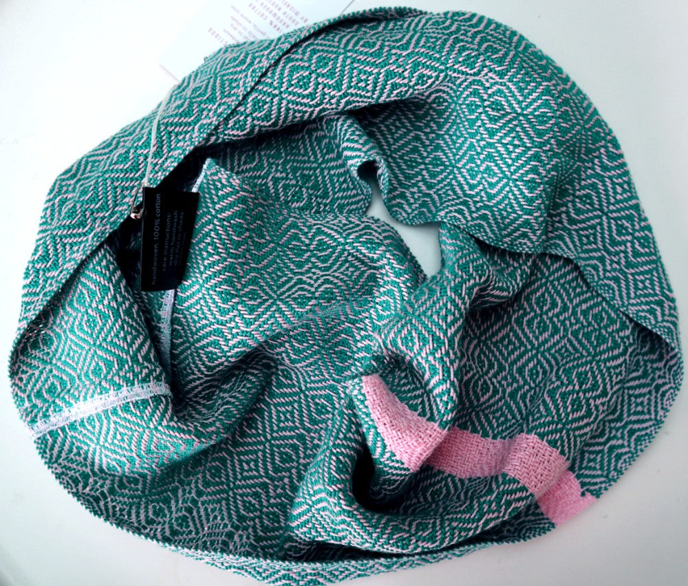 handwoven cotton short infinity scarf in emerald green and dusty pink, handwoven in south australia