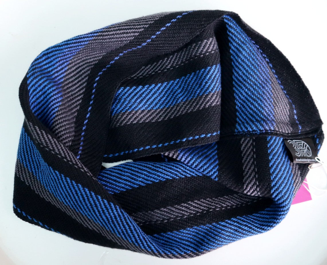 handwoven mens cravat short infinity scarf in bright blue, black and charcoal grey