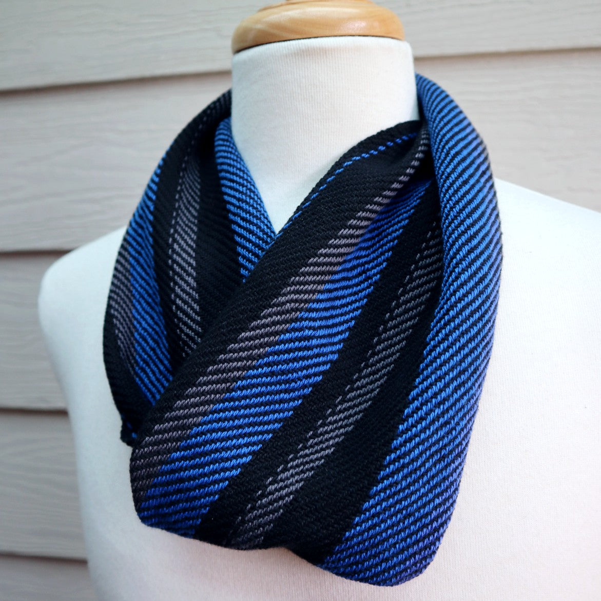 handwoven mens cravat short infinity scarf in bright blue, black and charcoal grey