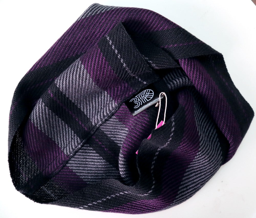 handwoven short loop scarf in plum, black and charcoal stripes, handwoven in south australia