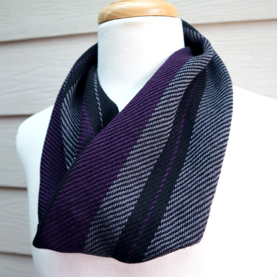 handwoven short loop scarf in plum, black and charcoal stripes, handwoven in south australia