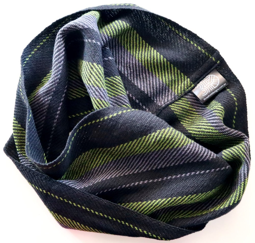 handwoven short loop scarf in olive green, black and charcoal stripes, handwoven in south australia