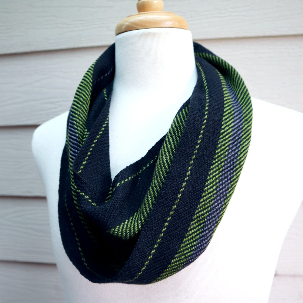 handwoven short loop scarf in olive green, black and charcoal stripes, handwoven in south australia