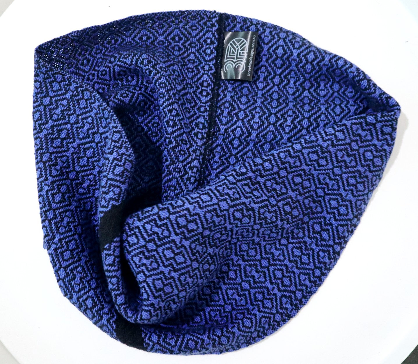 handwoven infinity short scarf in blue and black cotton
