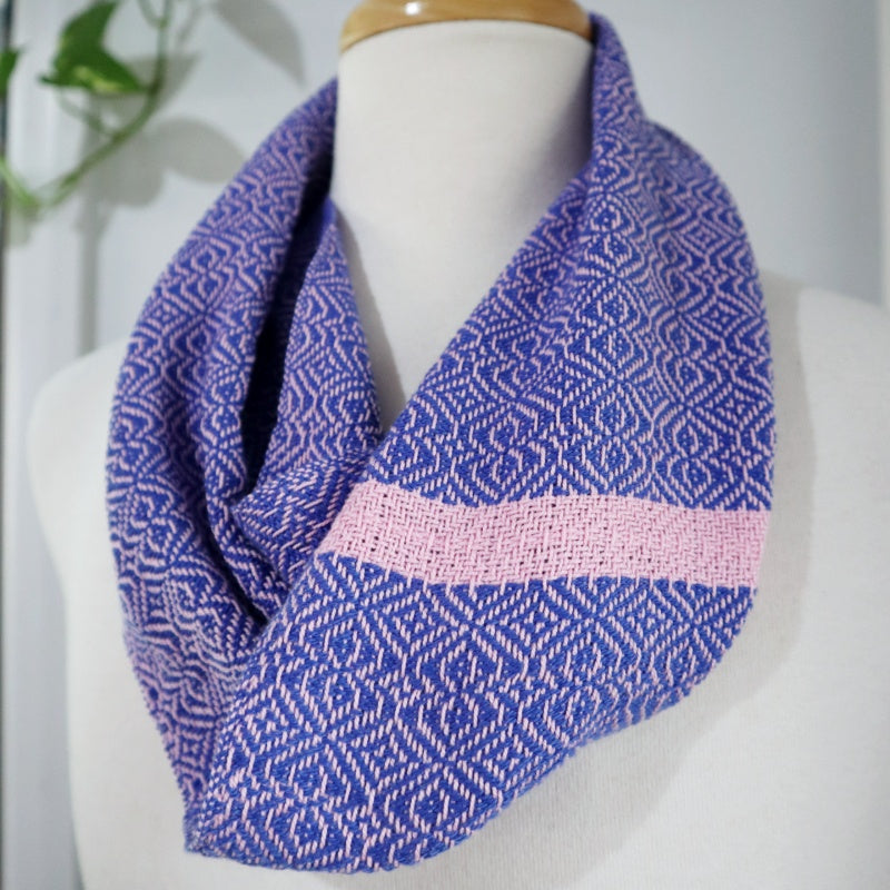 handwoven infinity scarf in blue and dusty pink cotton
