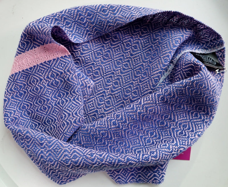 handwoven infinity scarf in blue and dusty pink cotton