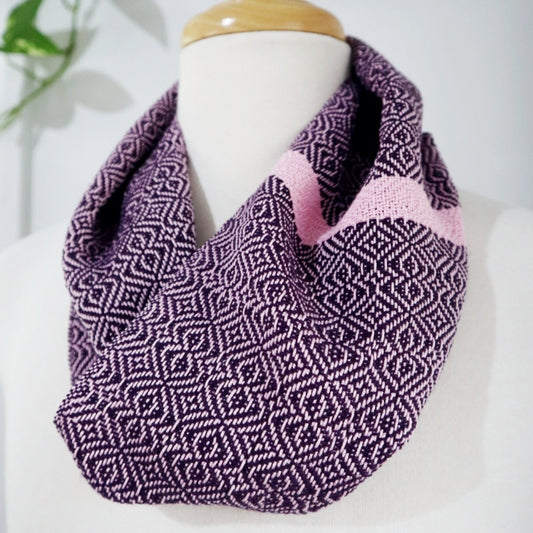 handwoven infinity scarf in plum purple and dusty pink cotton