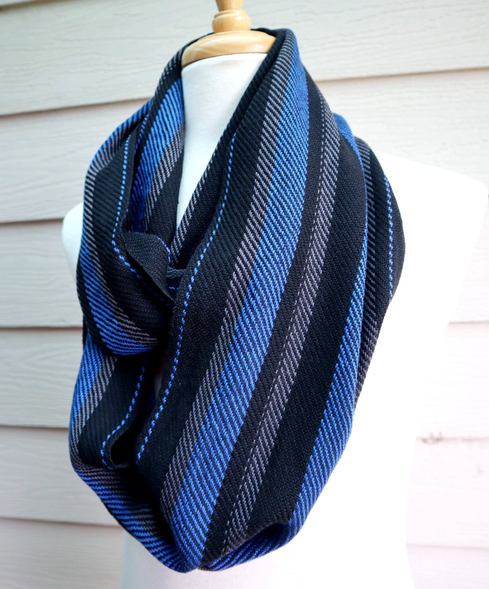 Handwoven cotton long loop scarf for men in bright blue, dark grey and black stripes, handwoven in south australia