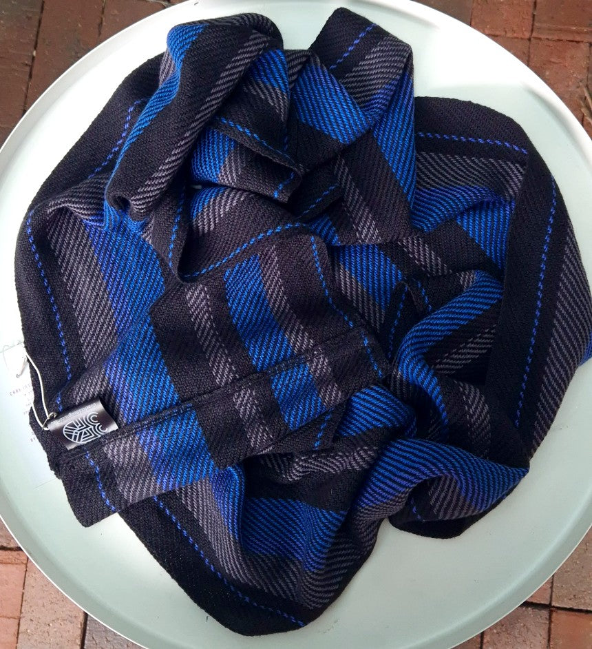 Handwoven cotton long loop scarf for men in bright blue, dark grey and black stripes, handwoven in south australia