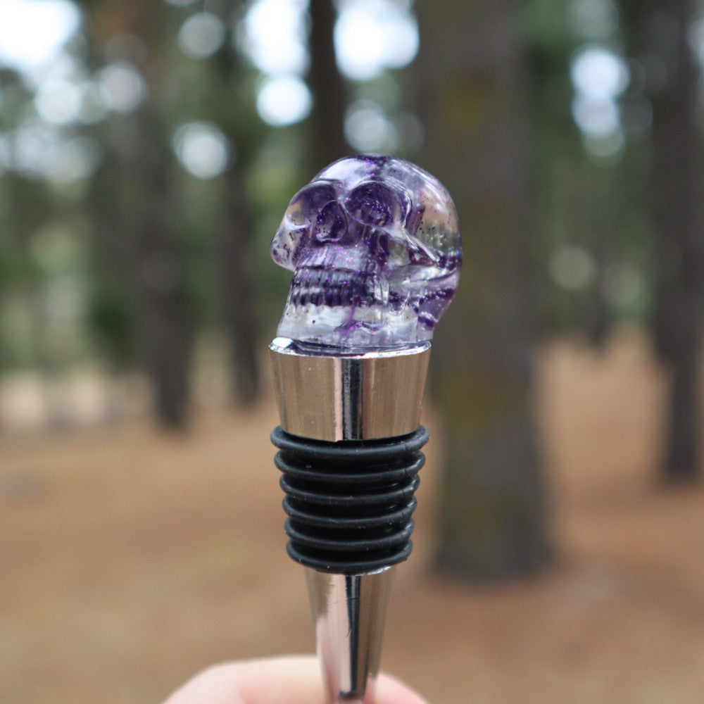 Resin Skull Bottle Stopper - purple glitter - Threefold Designs