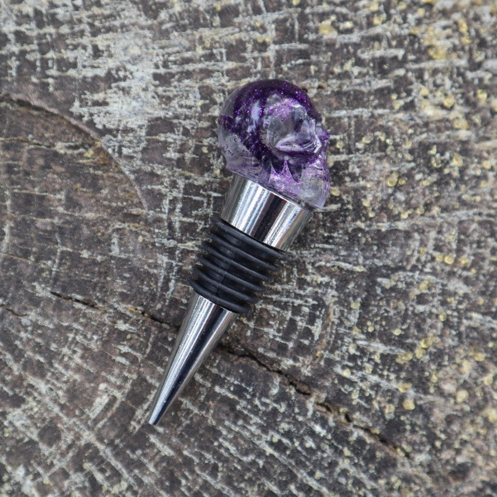 Resin Skull Bottle Stopper - purple glitter - Threefold Designs