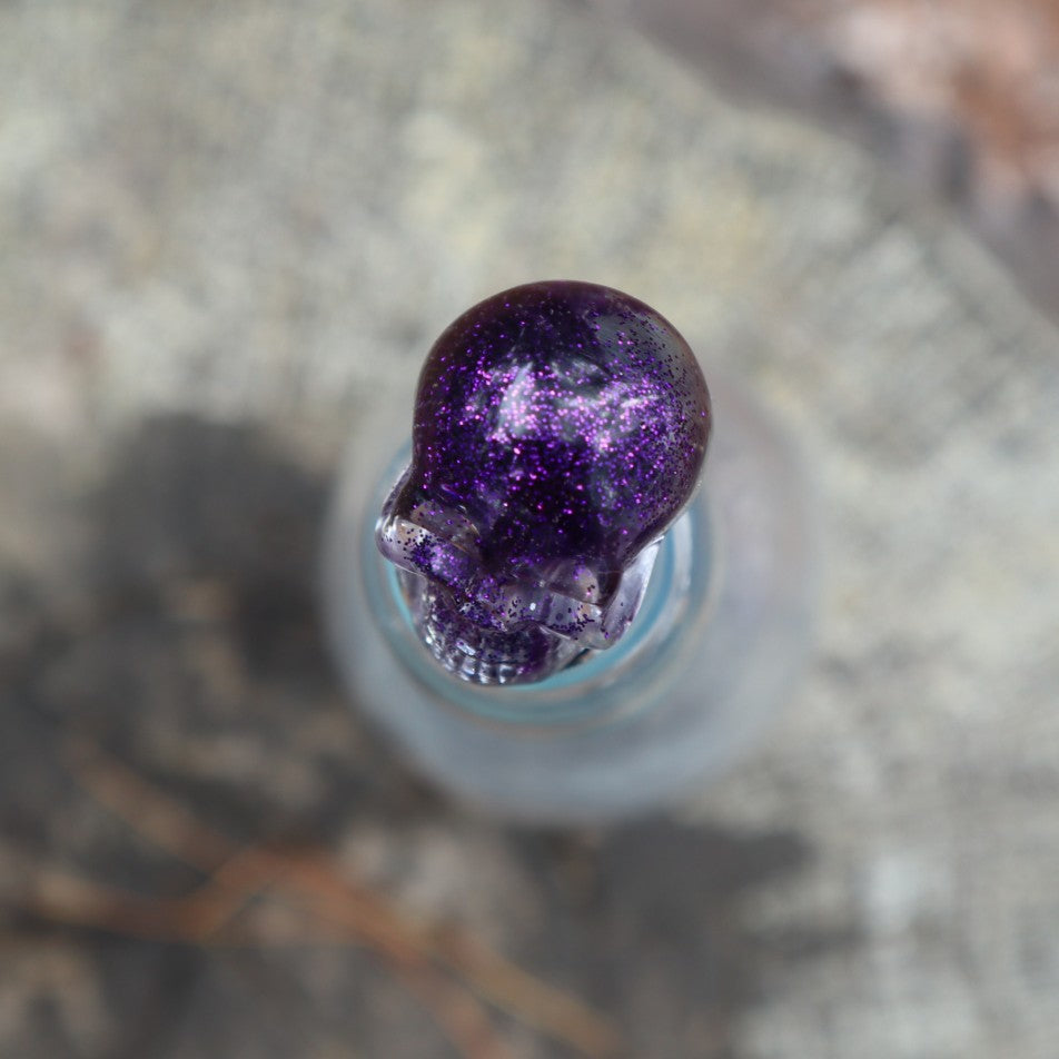 Resin Skull Bottle Stopper - purple glitter - Threefold Designs