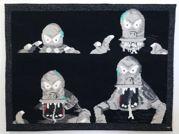 unique handwoven tapestry of the Murray Bridge Bunyip, woven with a black background to give a sinister, gothic feeling