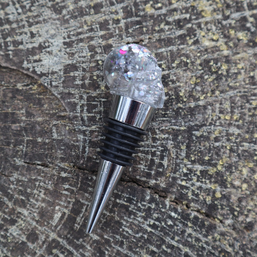 Resin Skull Bottle Stopper - silver glitter - Threefold Designs