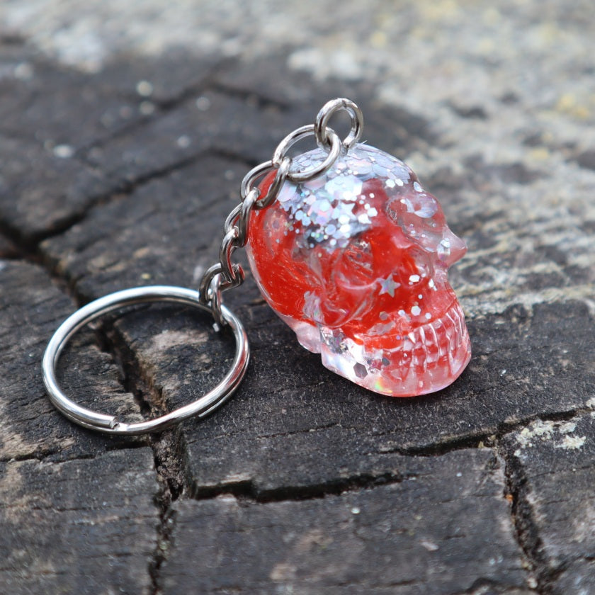 Resin Skull Keyring / Bag Charm - orange cotton + silver glitter - Threefold Designs