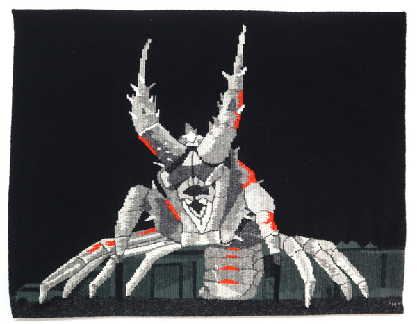 unique hand woven tapestry of Larry The Lobster in Kingston SE, with black background to give a sinister gothic feeling