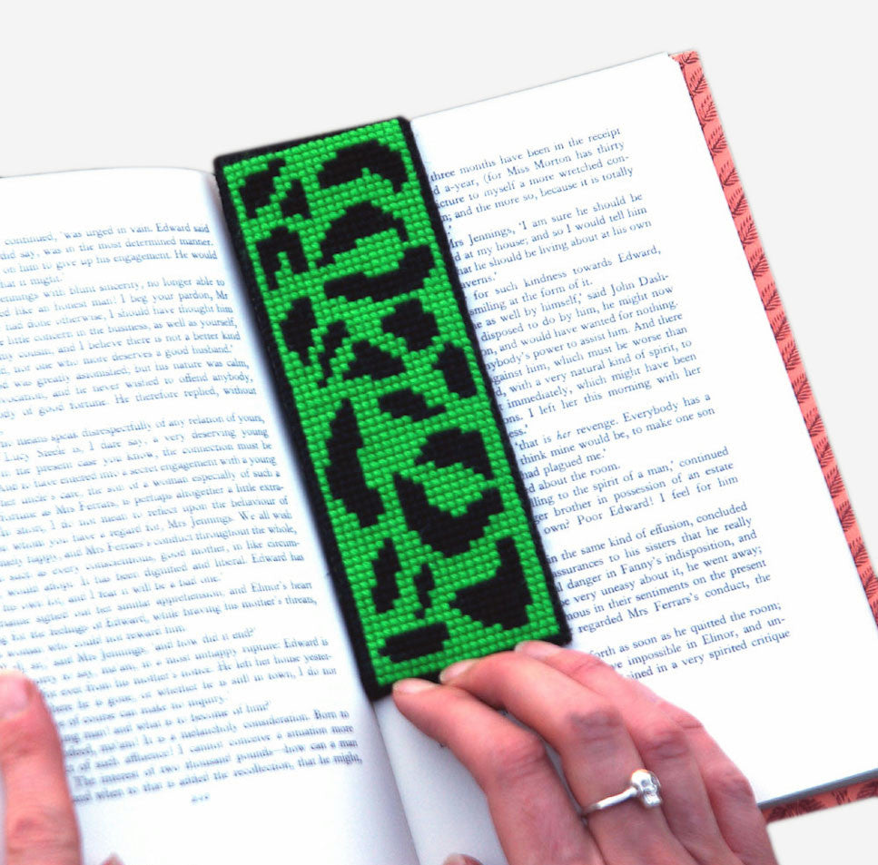 Cool needlepoint cross stitch kit of green leopard print, rockabilly style, goth style, easy for beginners, kit includes wool, canvas, instruction