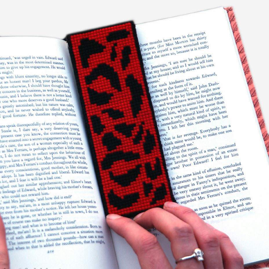 cool cross stitch kit needlepoint, rockabilly inspired, red leopard print, goth style, punk style, kit includes wool, canvas, instructions - easy for beginners