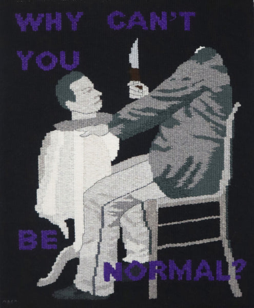unique hand woven tapestry showing headless man holding a knife with his head on a platter with text 'why can't you be normal?' - dark art, sinister art, creepy art