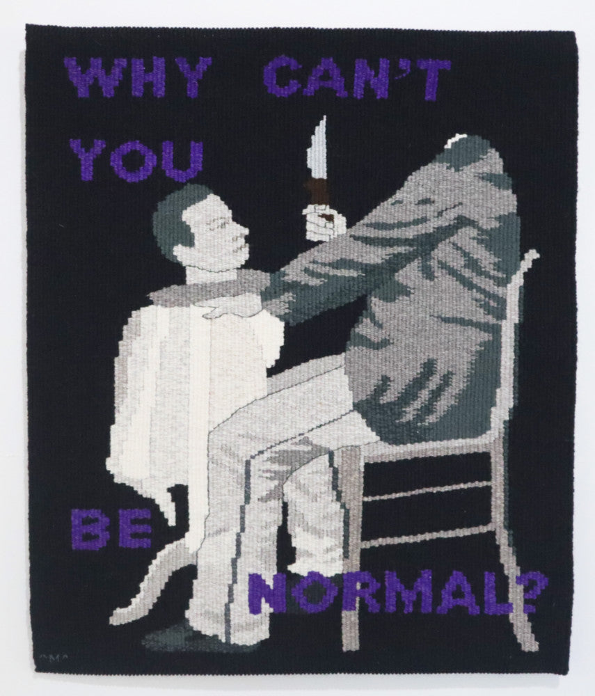 unique hand woven tapestry showing headless man holding a knife with his head on a platter with text 'why can't you be normal?' - dark art, sinister art, creepy art