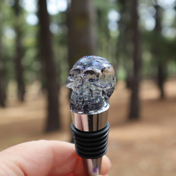 Resin Skull Bottle Stopper - black glitter - Threefold Designs
