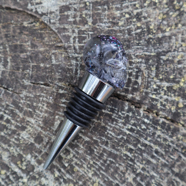 Resin Skull Bottle Stopper - black glitter - Threefold Designs