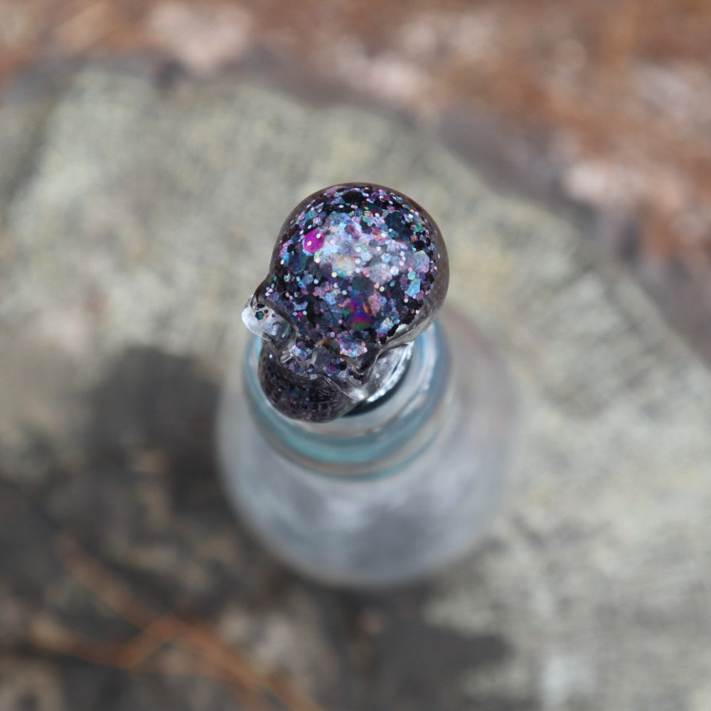Resin Skull Bottle Stopper - black glitter - Threefold Designs