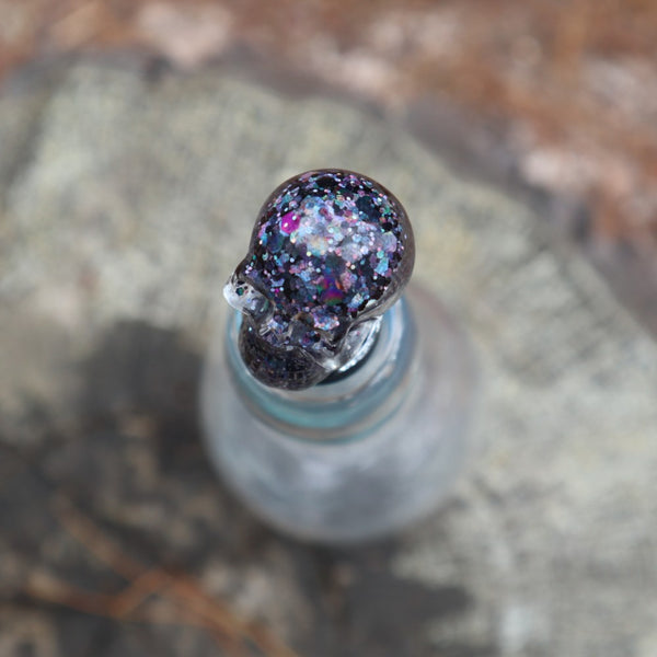 Resin Skull Bottle Stopper - black glitter - Threefold Designs