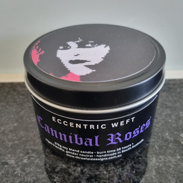 handmade soy candle with artwork on lid of Siouxsie Sioux - black rose and oud fragrance, goth candle