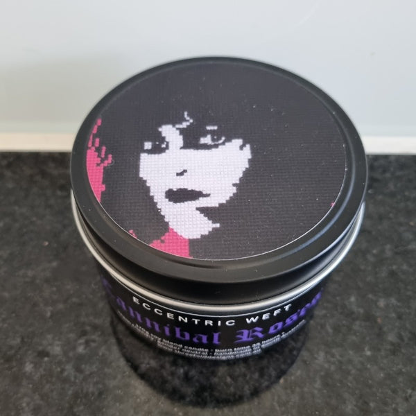 handmade soy candle with artwork on lid of Siouxsie Sioux - black rose and oud fragrance, goth candle