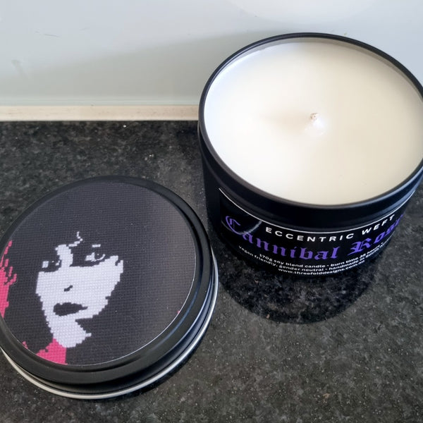 handmade soy candle with artwork on lid of Siouxsie Sioux - black rose and oud fragrance, goth candle