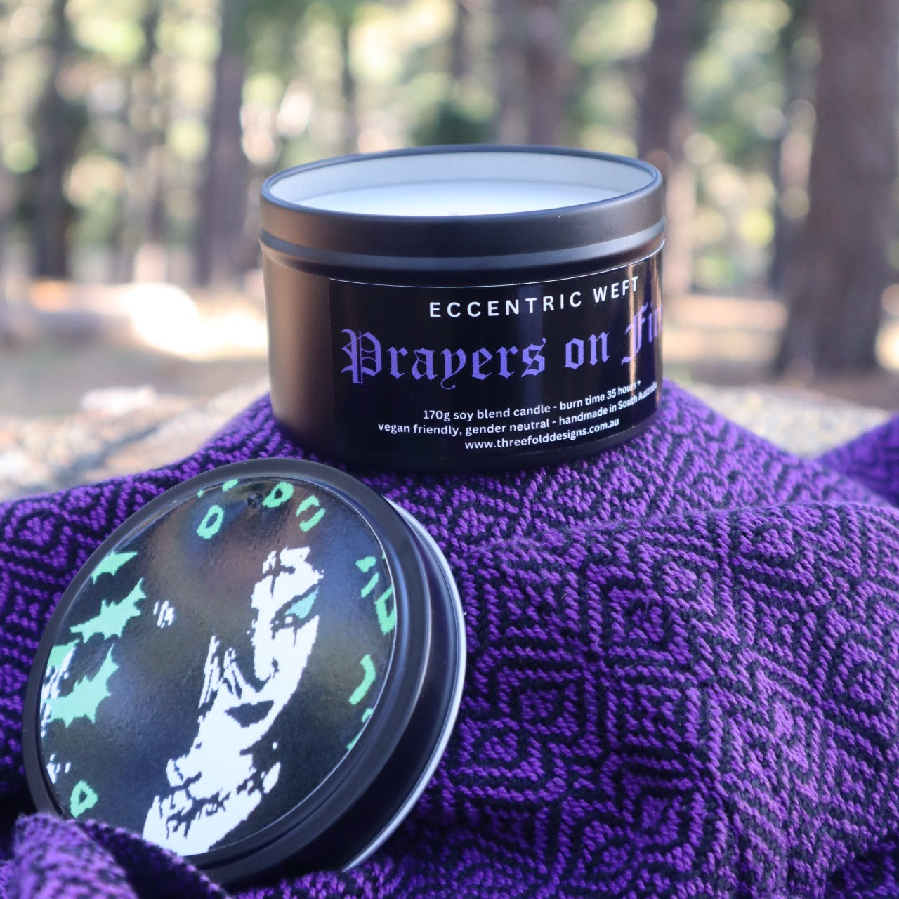 handmade soy candle with artwork on lid goth  - wood smoke fragrance, goth candle