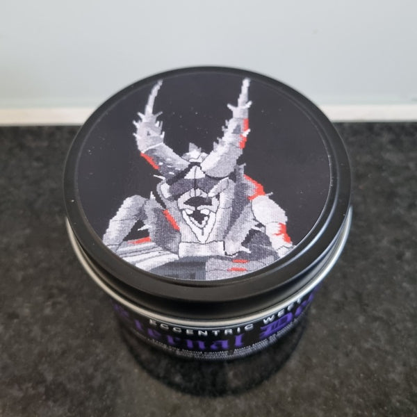 handmade soy candle with artwork on lid Larry The Lobster - ocean fragrance, goth candle