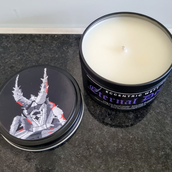 handmade soy candle with artwork on lid Larry The Lobster - ocean fragrance, goth candle
