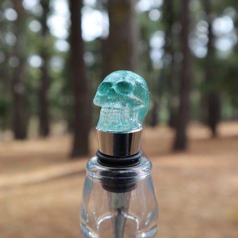 Resin Skull Bottle Stopper - green glitter - Threefold Designs