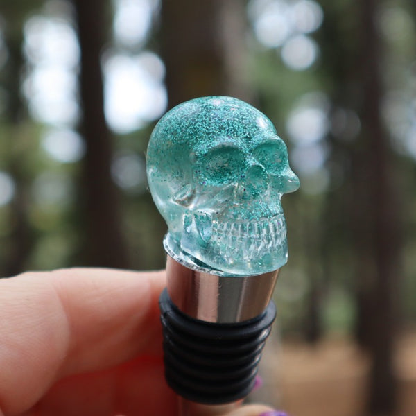 Resin Skull Bottle Stopper - green glitter - Threefold Designs