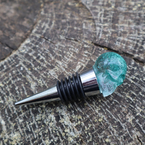 Resin Skull Bottle Stopper - green glitter - Threefold Designs