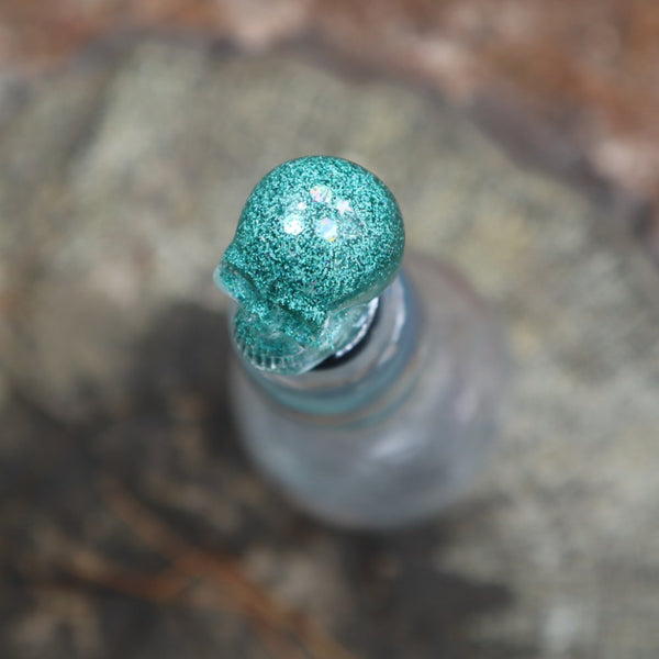 Resin Skull Bottle Stopper - green glitter - Threefold Designs