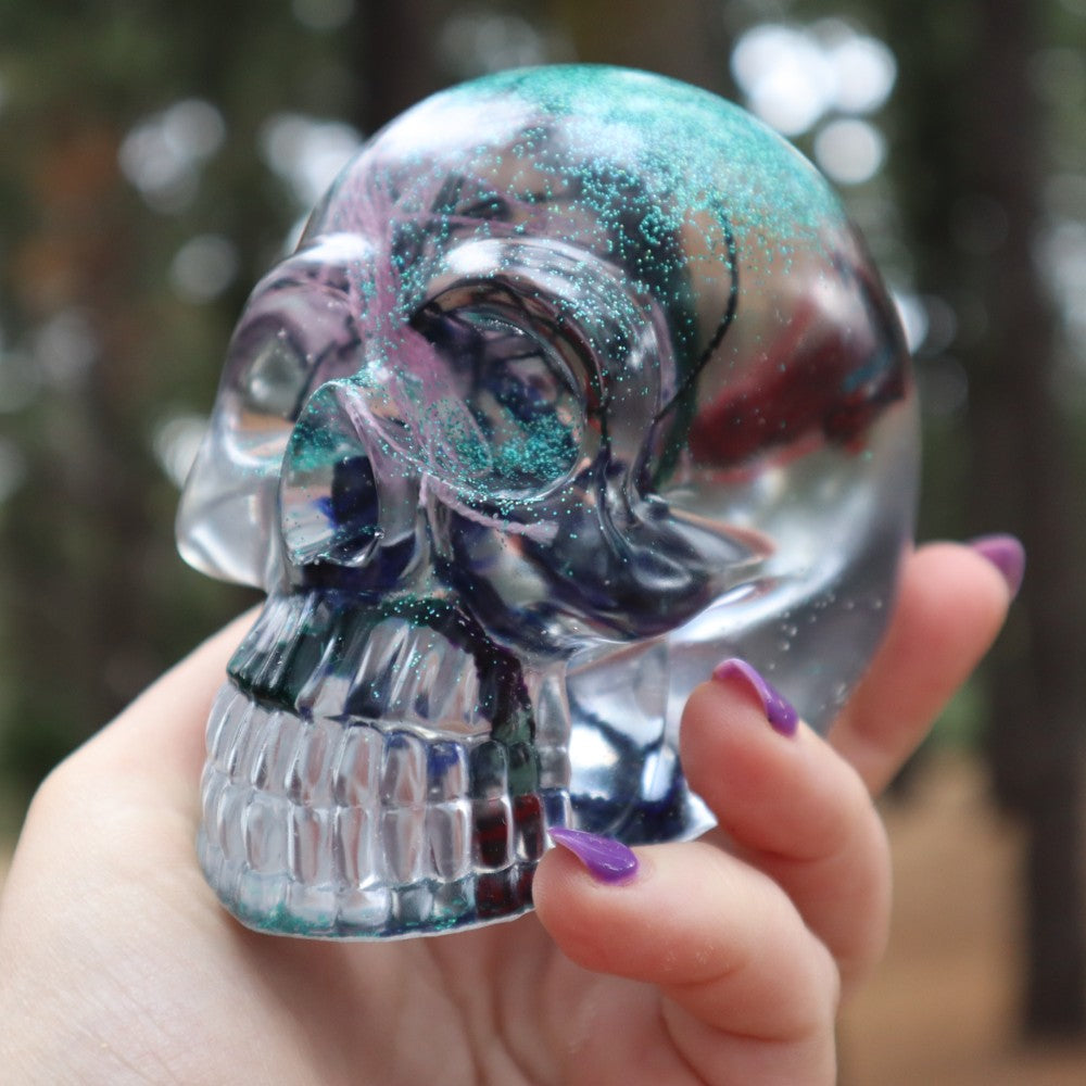 Resin Skull - handmade with cotton + green glitter - Threefold Designs
