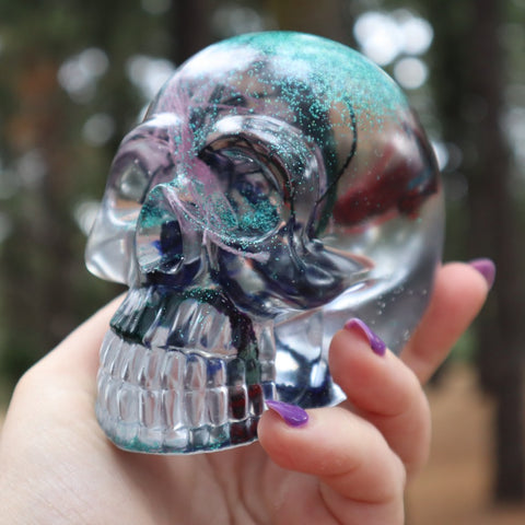 Resin Skull - handmade with cotton + green glitter - Threefold Designs