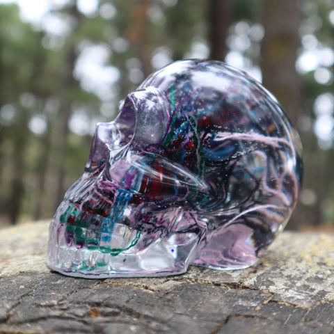 Resin Skull - handmade with cotton + purple glitter - Threefold Designs
