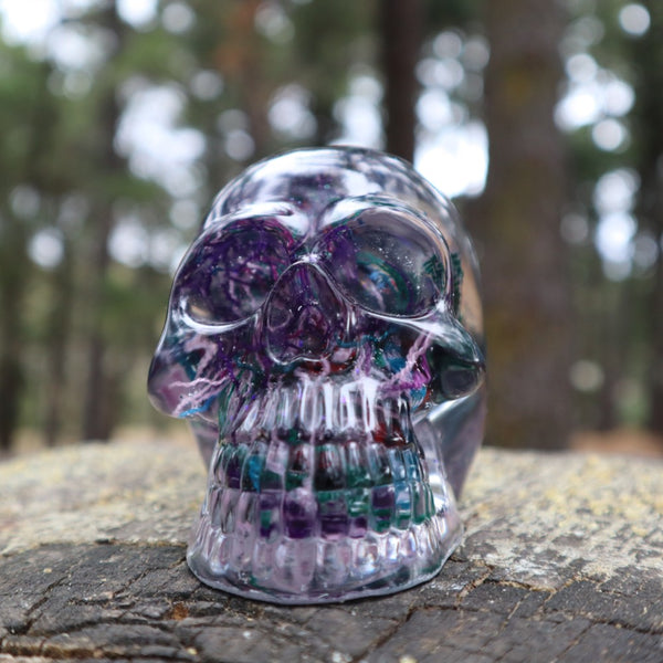 Resin Skull - handmade with cotton + purple glitter - Threefold Designs