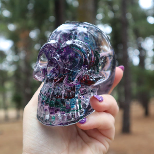 Resin Skull - handmade with cotton + purple glitter - Threefold Designs