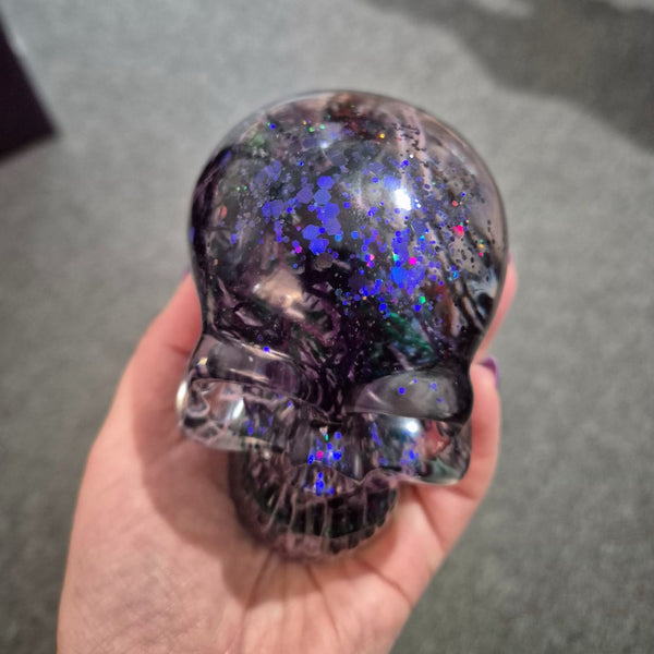 Resin Skull - handmade with cotton + purple glitter - Threefold Designs