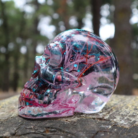 Resin Skull - handmade with cotton + turquoise glitter - Threefold Designs